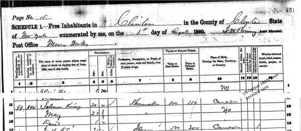 1860 Census Entry for Sullivan, Mary and David King